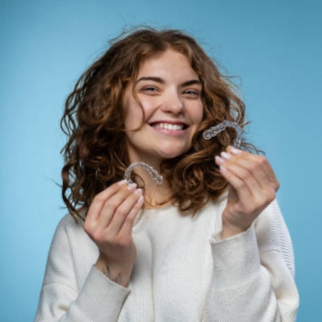 Paciente sonriendo con sus alineadores Invisalign
